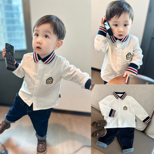 儿童白衬衫 男童翻领学院风小标上衣宝宝秋季 开衫 衣服 2024春秋新款