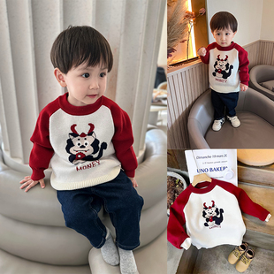 儿童卡通毛衣宝宝秋冬新款宝宝插肩红色上衣婴童纯棉纱线针织衫潮