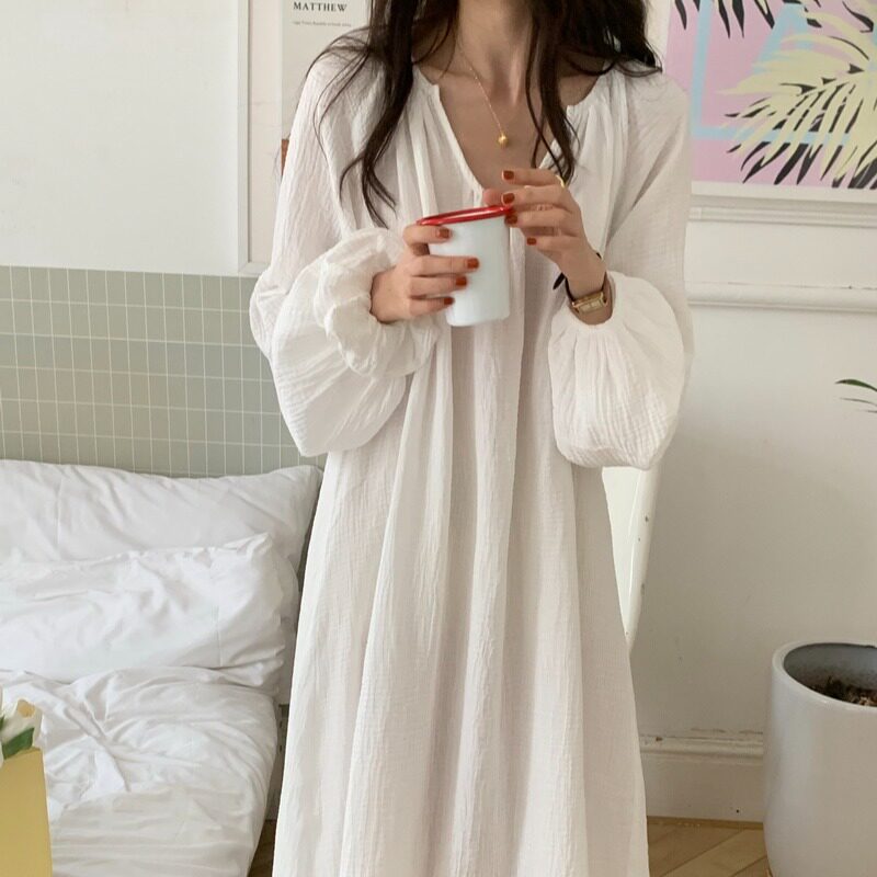 慵懒风深V领纯棉纱布睡裙睡衣女款春秋季长袖宽松可外穿家居服冬