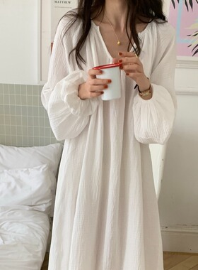 慵懒风深V领纯棉纱布睡裙睡衣女款春秋季长袖宽松可外穿家居服冬