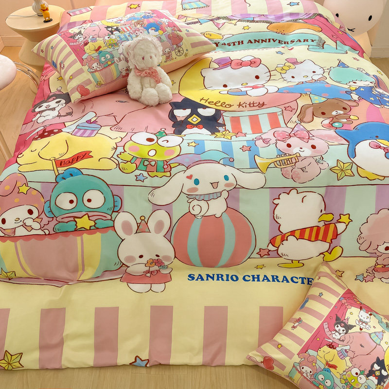 三丽鸥家族の卡通kt凯蒂猫水洗真丝四件套透气裸睡学生宿舍3件套