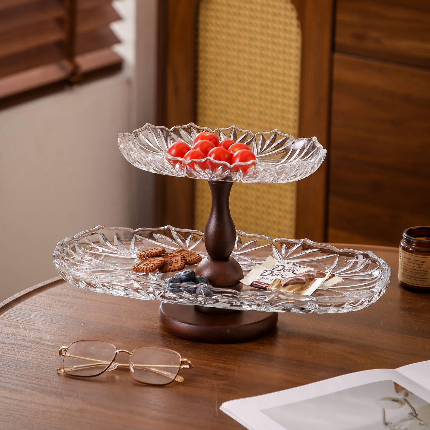 方形中古风玻璃双层果盘客厅茶几装饰果盘过年零食糖果杂物收纳盘,家居饰品,果盘/果篓,淘宝优惠券,粉丝福利购,淘宝优惠卷