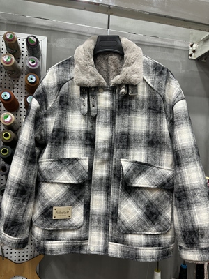 美式复古仿兔毛里绒夹克棉服帅气男士休闲格子派克服上衣潮