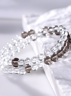 天然白水晶茶晶双圈手链小众设计