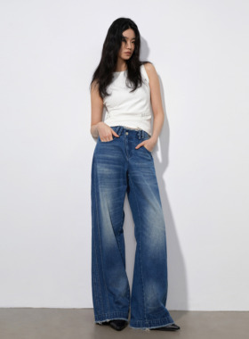 2LINKS重工水洗毛边破坏阔腿宽松斜门襟V字腰设计感牛仔直筒长裤