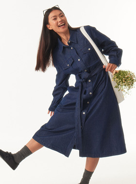 2LINKS｜天丝牛仔 有机环保 深蓝色极简 经典衬衫连衣裙