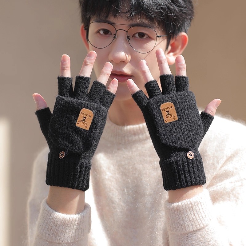 手套男冬天半指情侣学生写字露指韩版秋冬季针织毛线翻盖骑行保暖
