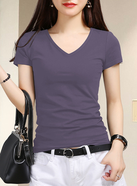 紫色短袖T恤女夏修身V领打底衫内搭2026新款黑色半袖上衣大码女装