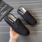 老北京布鞋 一脚蹬懒人帆布鞋 男女西山手工布鞋 全黑防滑透气工作鞋