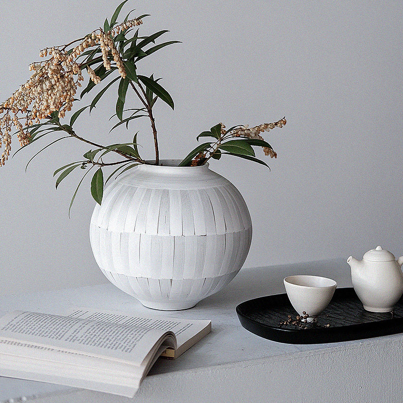 久伴高级侘寂复古陶瓷花瓶水培鲜花插花客厅餐桌装饰摆件圆形大口