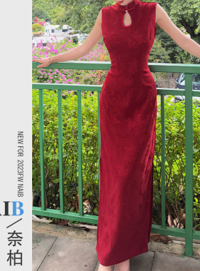 画报夫人复古红色旗袍秋冬装新中式改良版掐腰妈妈婚宴礼服喜婆婆