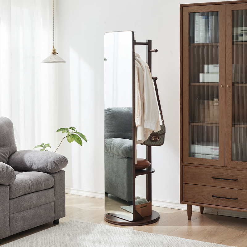 实木穿衣镜落地镜家用镜子全身镜卧室可旋转试衣镜带衣帽架一体