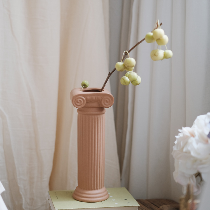 复古罗马柱哑光釉色陶瓷花瓶
