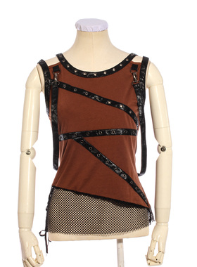 2018夏装新款 蒸汽朋克露背心吊带系带T恤女哥特黑色网纱拼接上衣