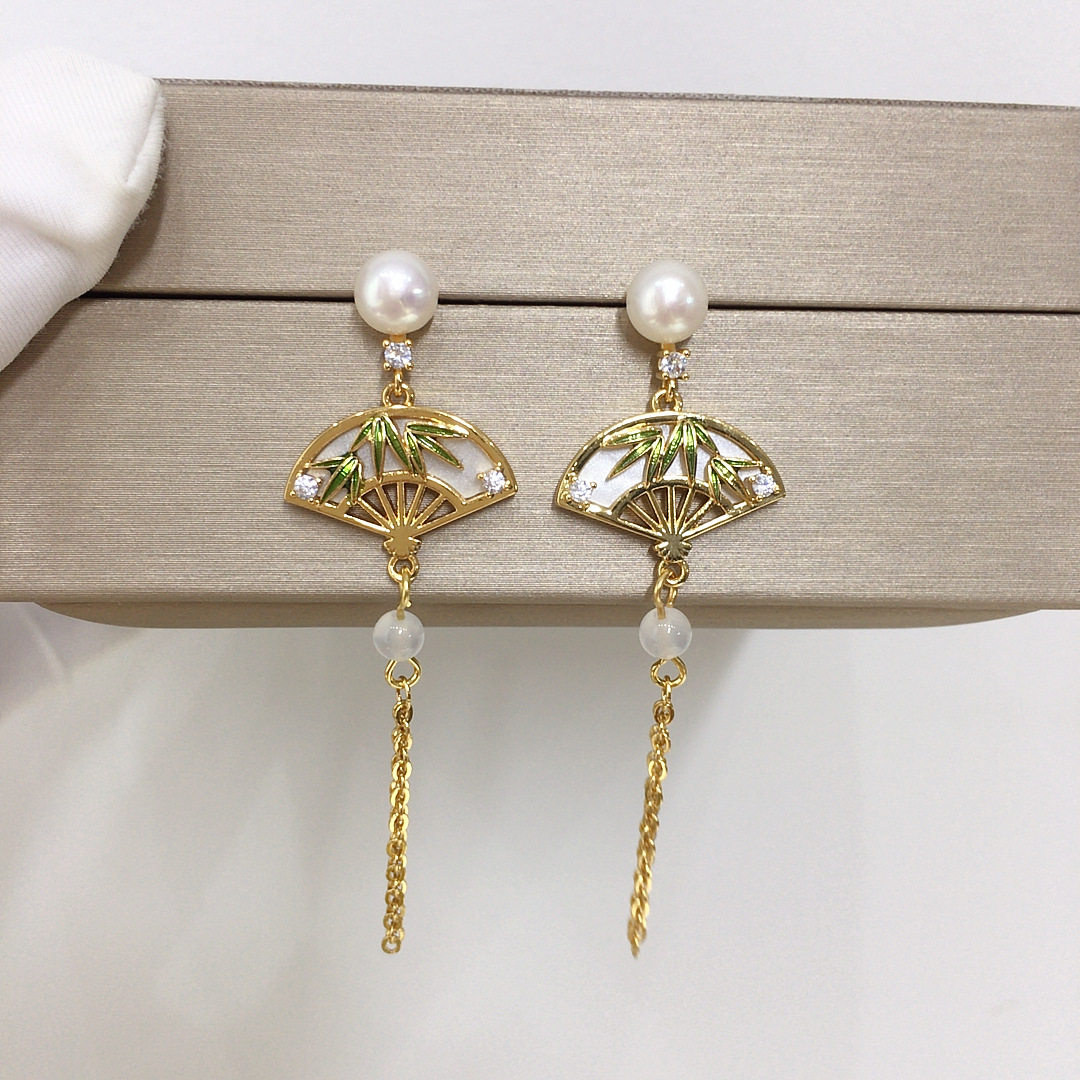 新中式天然淡水珍珠扇形流苏耳钉