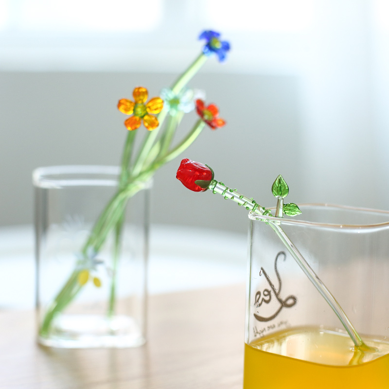 日式个性小清新杯子工艺品 防高温防冻 花花玫瑰高硼硅玻璃搅拌棒