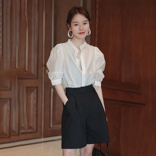 裤 纯欲感微透上衣遮肉衬衫 五分西装 小心机夏轻熟风穿搭套装 泡泡袖
