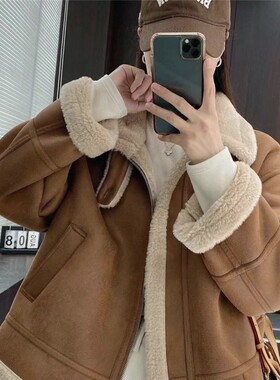 外套女秋冬2026年新款加厚皮毛一体机车服短款毛绒棉服上衣