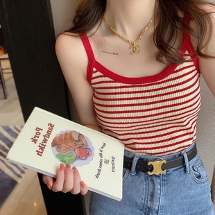 夏季辣妹性格美背上衣红色条纹小众复古针织打底外穿学院吊带背心
