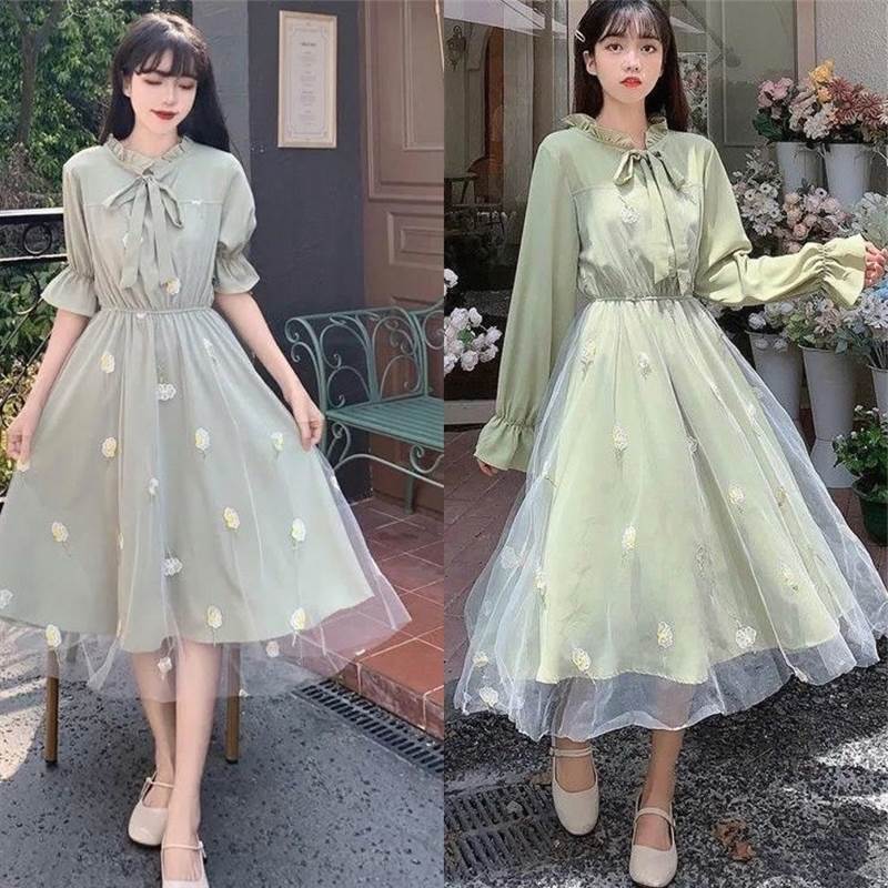 温柔风初恋长裙女夏季2025新款网纱拼接长袖连衣裙潮学生收腰显瘦