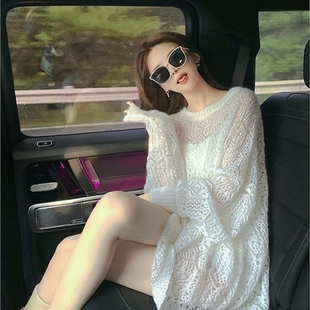 上衣马海毛慵懒毛衣镂空仙女 春秋季 温柔软糯蝙蝠袖 白新款 女中长款