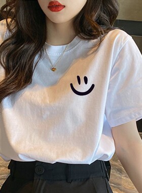 含棉白色短袖t恤女学生韩版宽松圆领印花闺蜜装夏季女装上衣2026