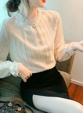 加绒雪纺衫女新款半高领长袖立领打底蕾丝衫小众内搭T恤衫秋冬季