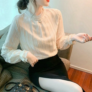 加绒雪纺衫女新款半高领长袖立领打底蕾丝衫小众内搭T恤衫秋冬季