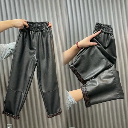 2026秋冬新款宽松皮裤PU休闲裤高腰显瘦九分哈伦松紧休闲百搭洋气