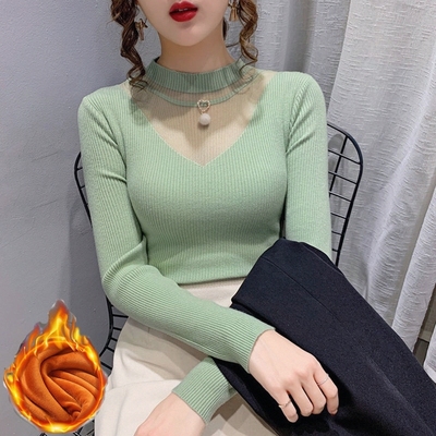 拼接网纱毛衣女秋冬新款修身镂空内搭针织打底衫女上衣