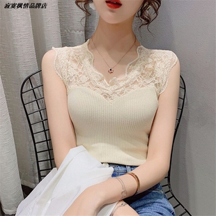 无袖吊带针织蕾丝拼接透视冰丝女春秋款套头t恤衫打底衫V领背心女