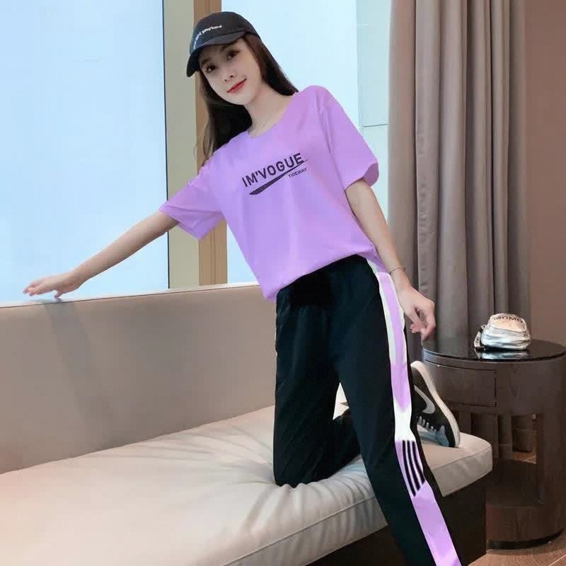 休闲运动套装女2025夏天新款时尚洋气上衣韩版大码港味长裤两件套