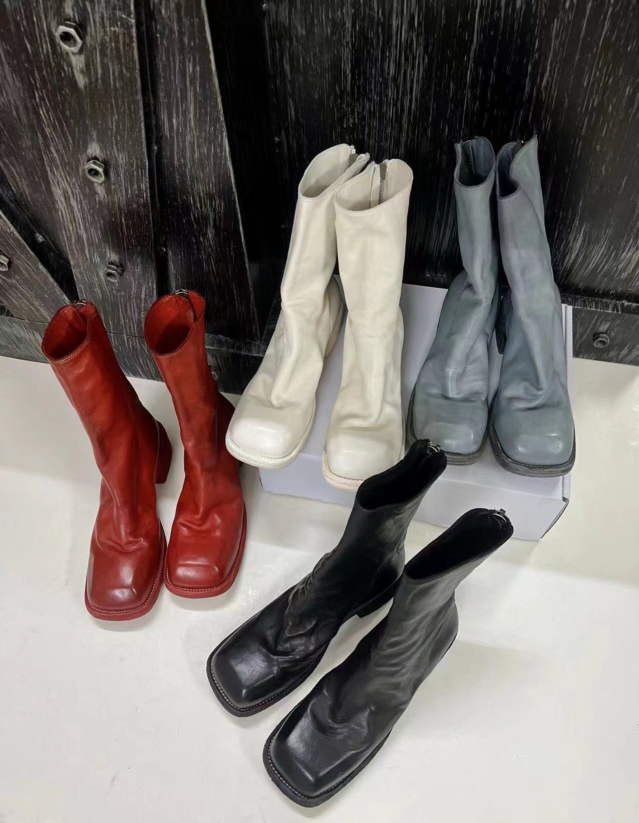 GUIDI9088靴子女真皮秋冬新款方头粗跟倒靴后拉链马皮水洗鬼帝靴