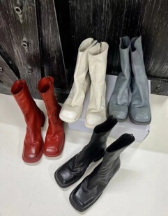 GUIDI9088靴子女真皮秋冬新款方头粗跟倒靴后拉链马皮水洗鬼帝靴