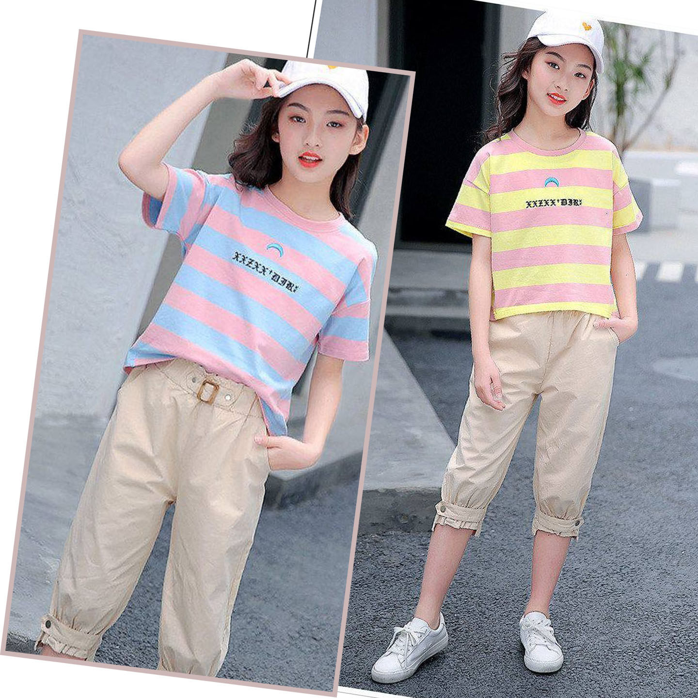 女童短袖运动套装夏季纯棉中大童休闲条纹女孩夏装薄款七分裤两件