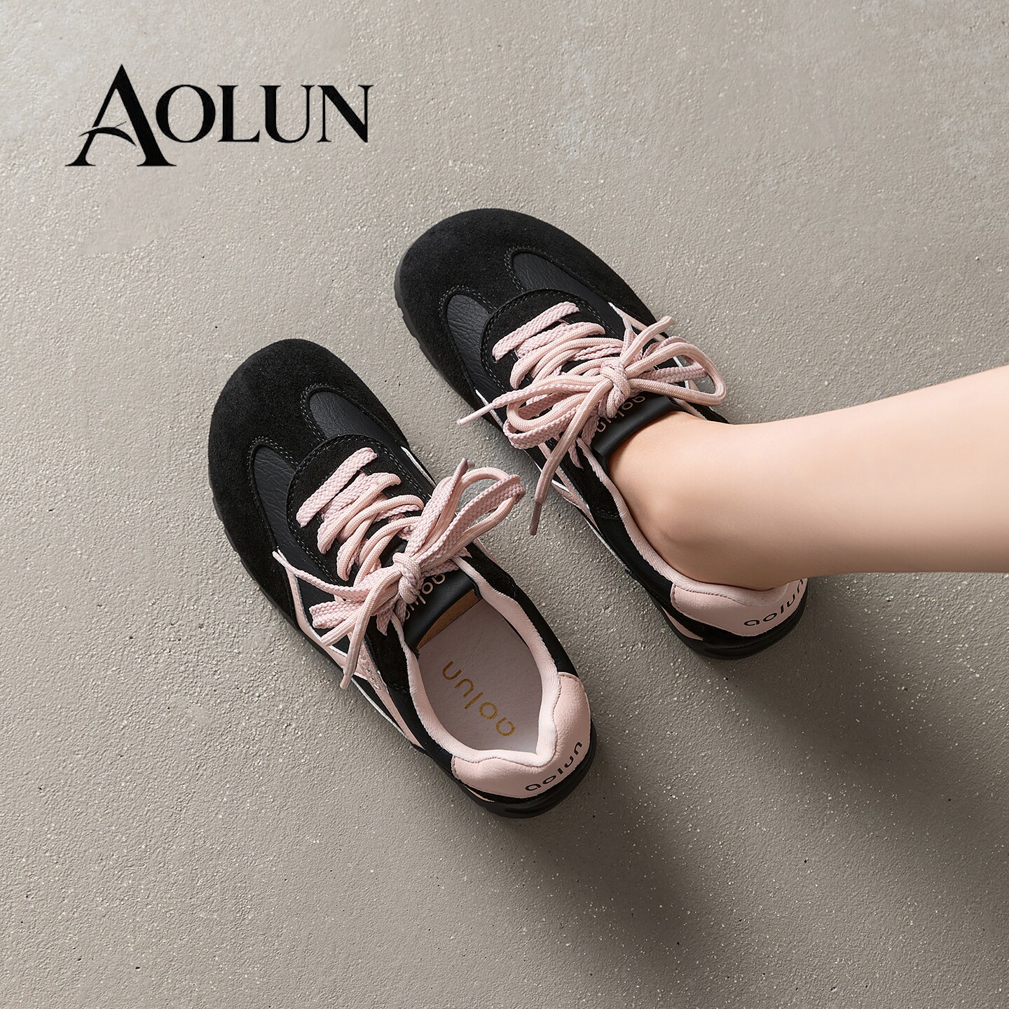 澳伦黑色德训鞋女2026秋季新款小个子内增高舒适阿甘鞋厚底运动鞋