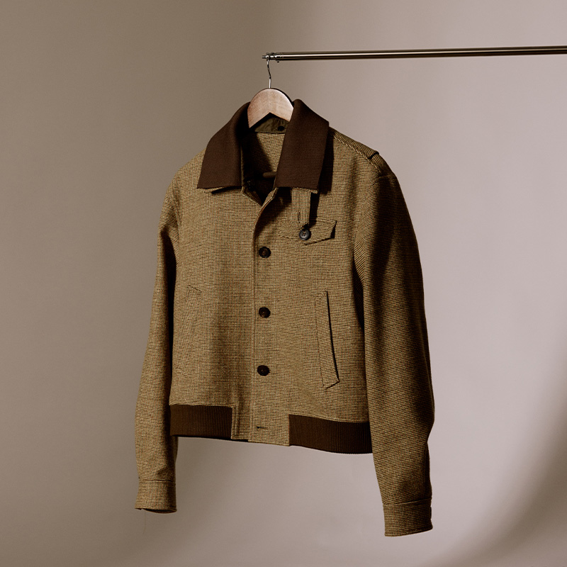 【50%羊毛】平圆方中宽松短款脱卸领粗花呢拼接针织夹克外套男款 - 封面