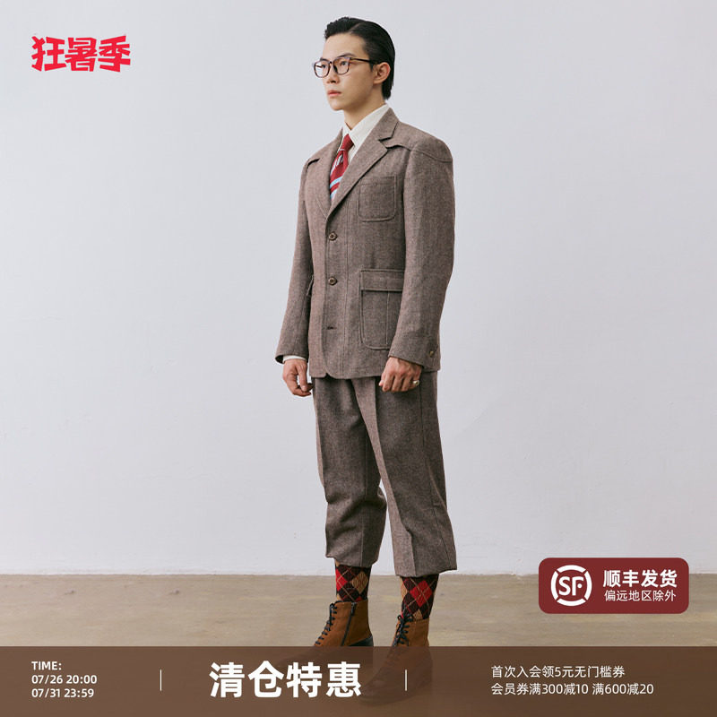 【50%羊毛】平圆方中骑行西服套装混纺易复古休闲西装外套男款