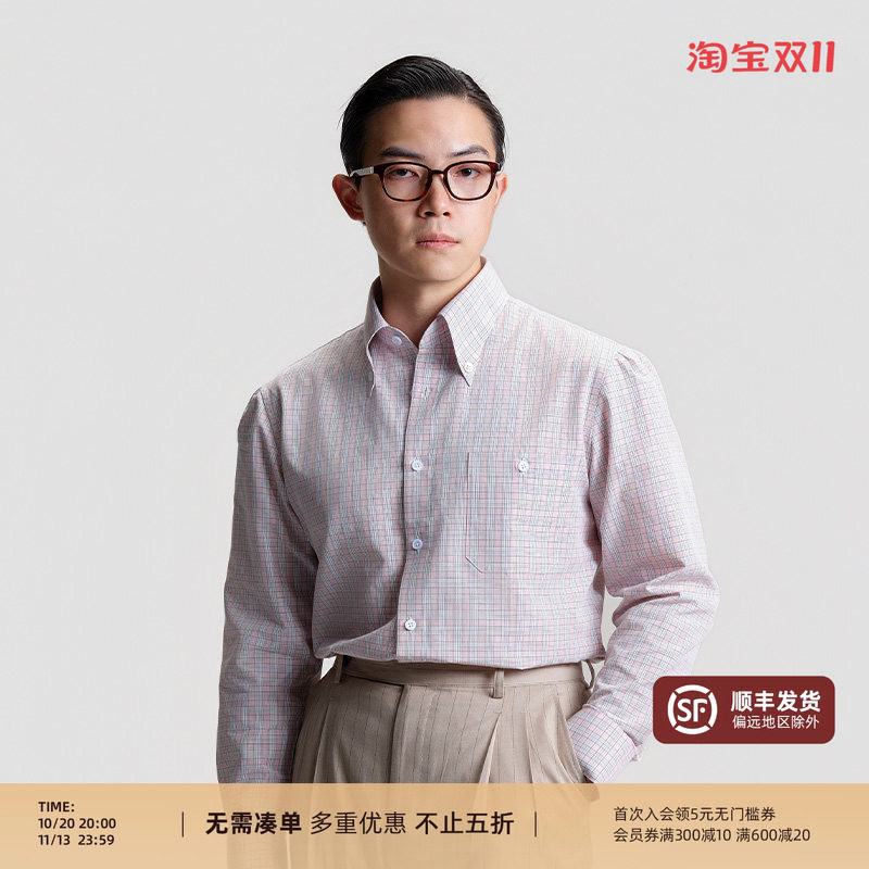 【粉色格子扣领长袖衬衫】平圆方中复古春季商务休闲衬衣男