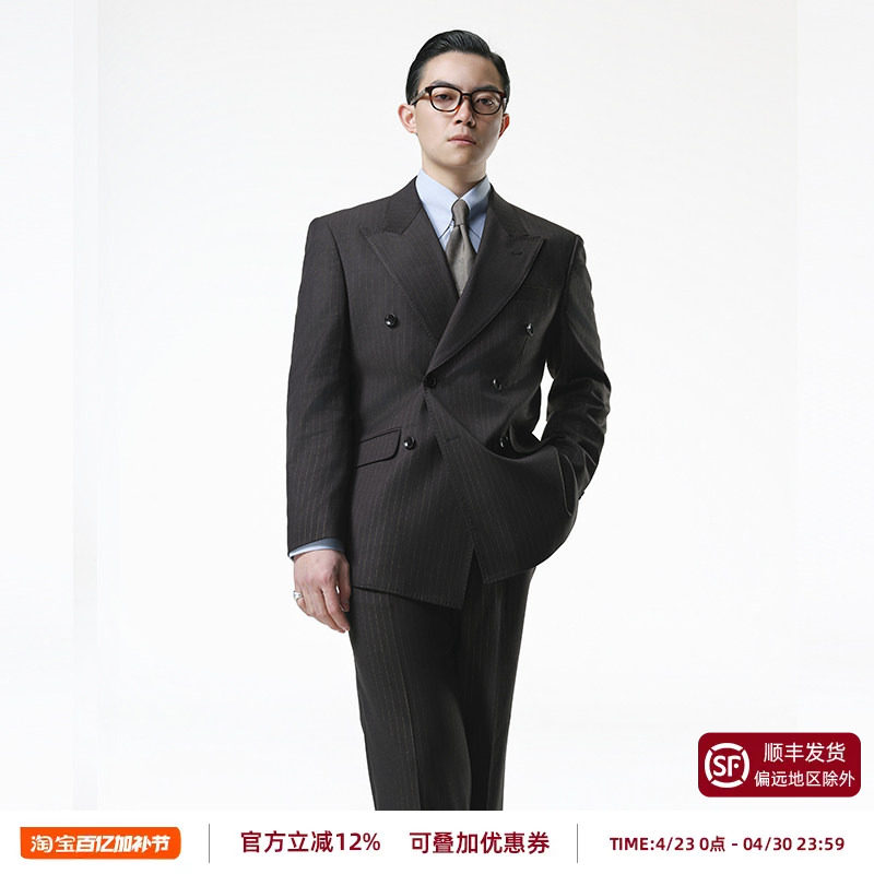 【黄金线戗驳领双排扣西服套装】平圆方中商务正装条纹西装男士