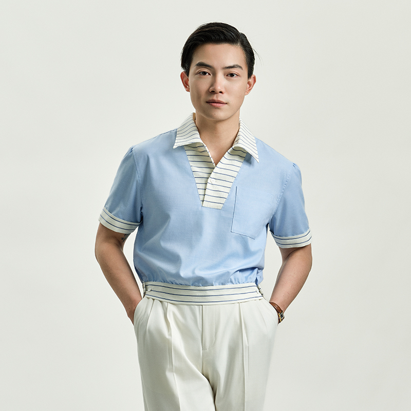 平圆方中蓝色条纹领拼接衬衫短款