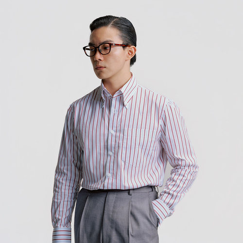 平圆方中红蓝条纹扣领长袖衬衫男