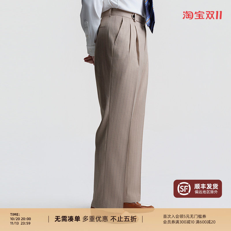 【犀牛褶工艺】平圆方中条纹休闲西裤男宽松高腰商务正装西装裤