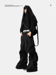 Vanguardia Avant-Garde Dark Design Black Nylon Pleated Loose Flared Wide-Leg Pants