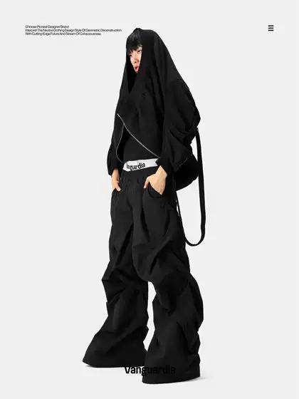 Vanguardia Avant-Garde Dark Design Black Nylon Pleated Loose Flared Wide-Leg Pants