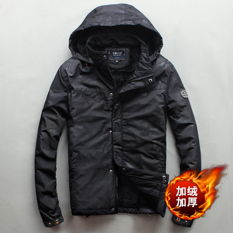 男夹克秋冬新款加绒加厚外套青年学生潮带帽棉衣迷彩上衣韩版大码