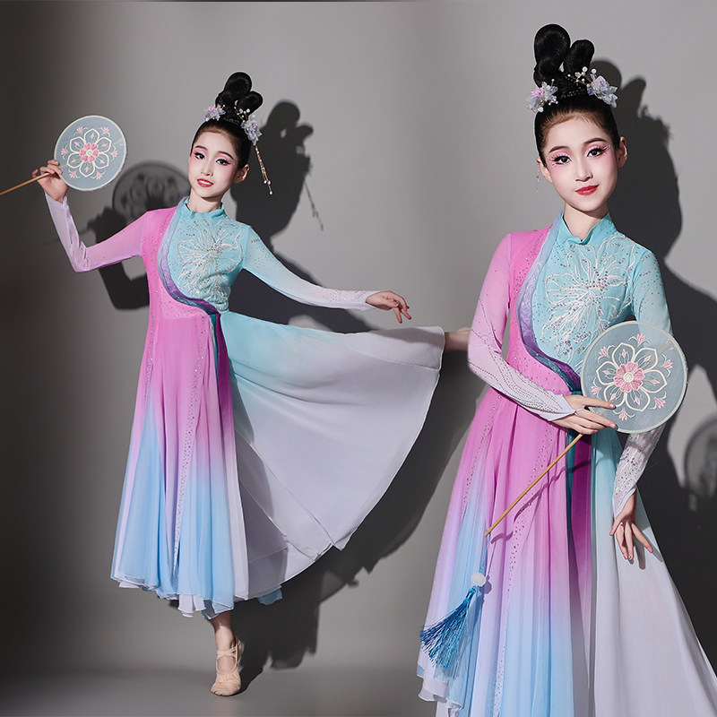 儿童清水芙蓉舞蹈服装女童大气开场舞大摆洋装古典舞演出服飘逸