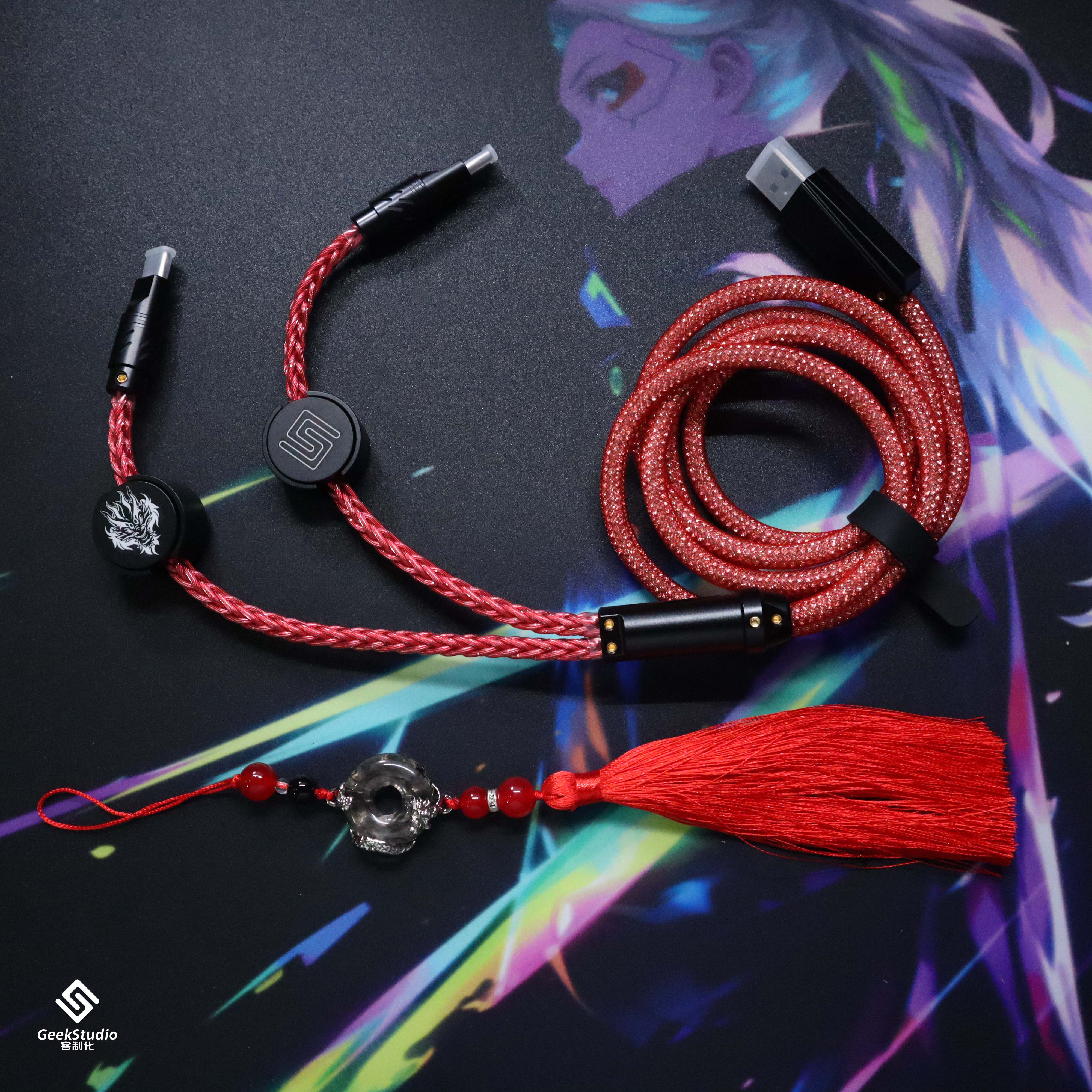 GS一拖二双8K电竞RGB发光航插数据线单晶铜闪钻磁轴机械轴键盘线