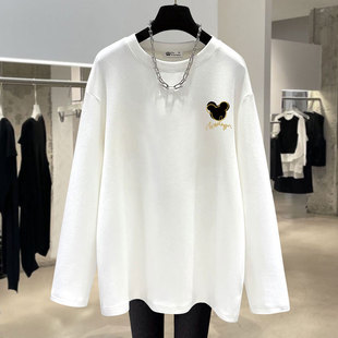 白色磨毛t恤女长袖2025新款春秋冬欧货卡通百搭德绒打底衫中长款