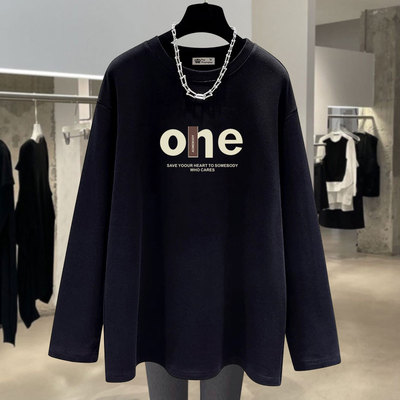 长袖中长款磨毛打底衫字母t恤女